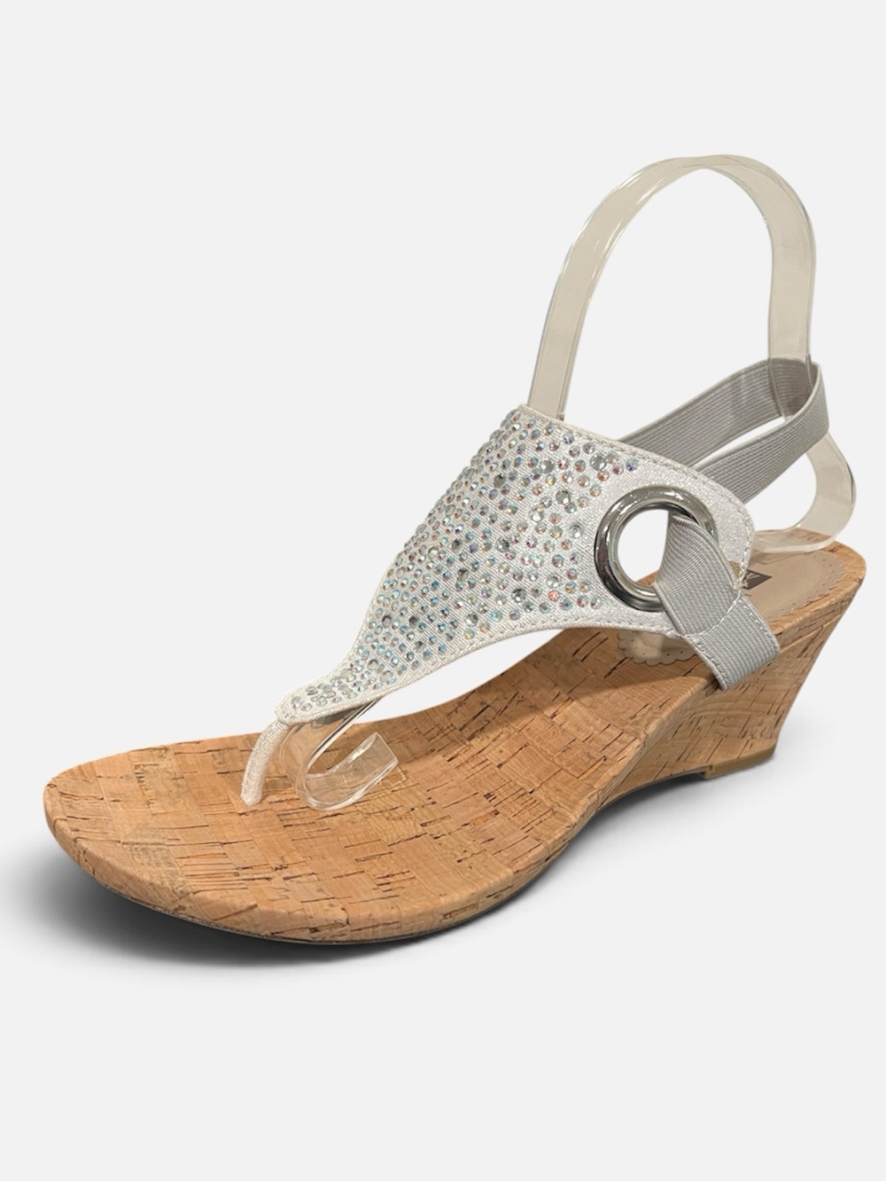White Mountain Aldon Silver Rhinestone and Fabric Cork Wedge Sandals Size 8.5